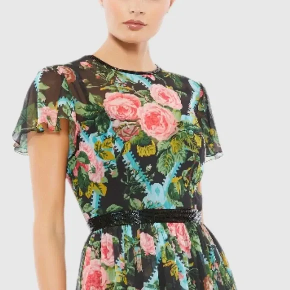 Mac Duggal Floral Midi Dress with Sheer Overlay Style 9149 - Picture 3 of 5